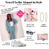 “soft life travel essentials flat lay”  “Black woman packing self-care items in suitcase”  “matching travel set for women at airport”  “travel accessories for women – silk pillowcase, sunglasses, hoops”