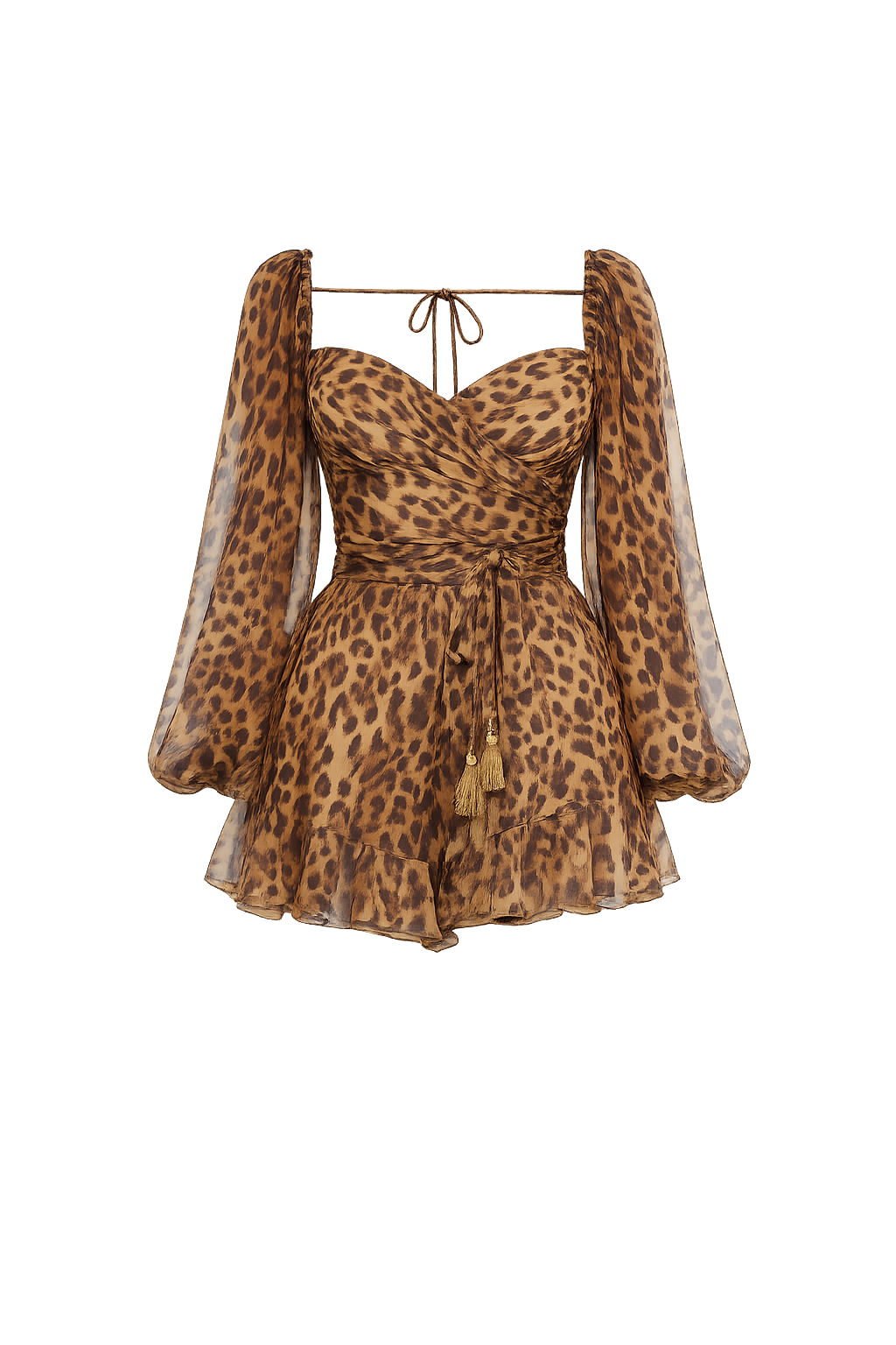 A leopard print mini dress with sheer balloon sleeves, a sweetheart neckline, and a tie waist, shown on a plain white background.