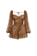 A leopard print mini dress with sheer balloon sleeves, a sweetheart neckline, and a tie waist, shown on a plain white background.