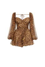 A leopard print mini dress with sheer balloon sleeves, a sweetheart neckline, and a tie waist, shown on a plain white background.