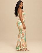 Her Pink Passport Khadijah studio editorial tropical print one shoulder gown png