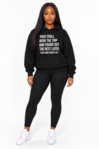 AI styling mockup: Arielle in black Faith and Flights hoodie with leggings, front view