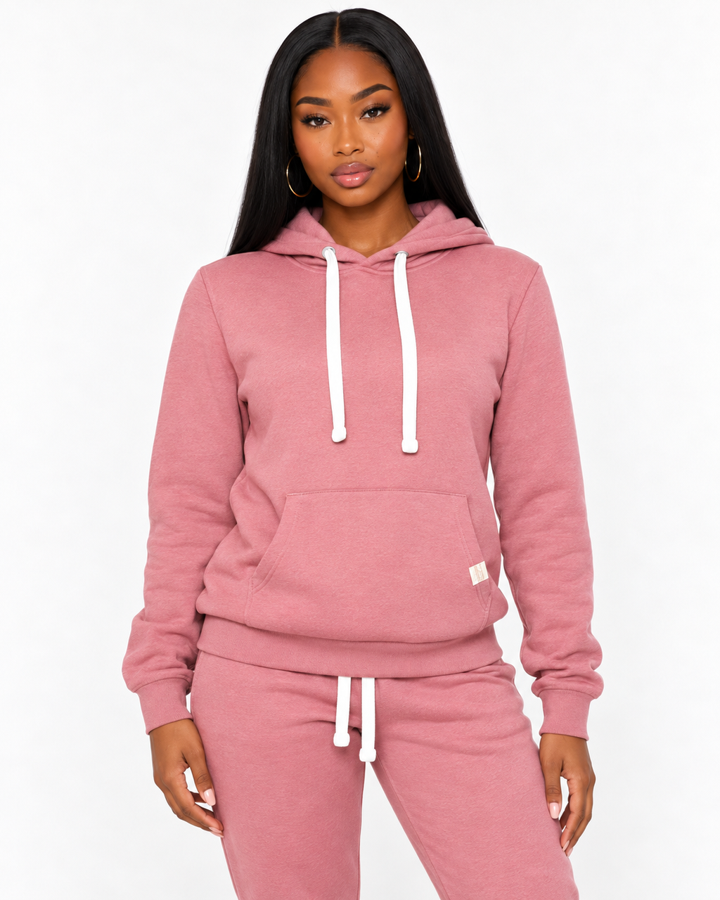 Arielle wearing the pink pullover hoodie, close-up front view