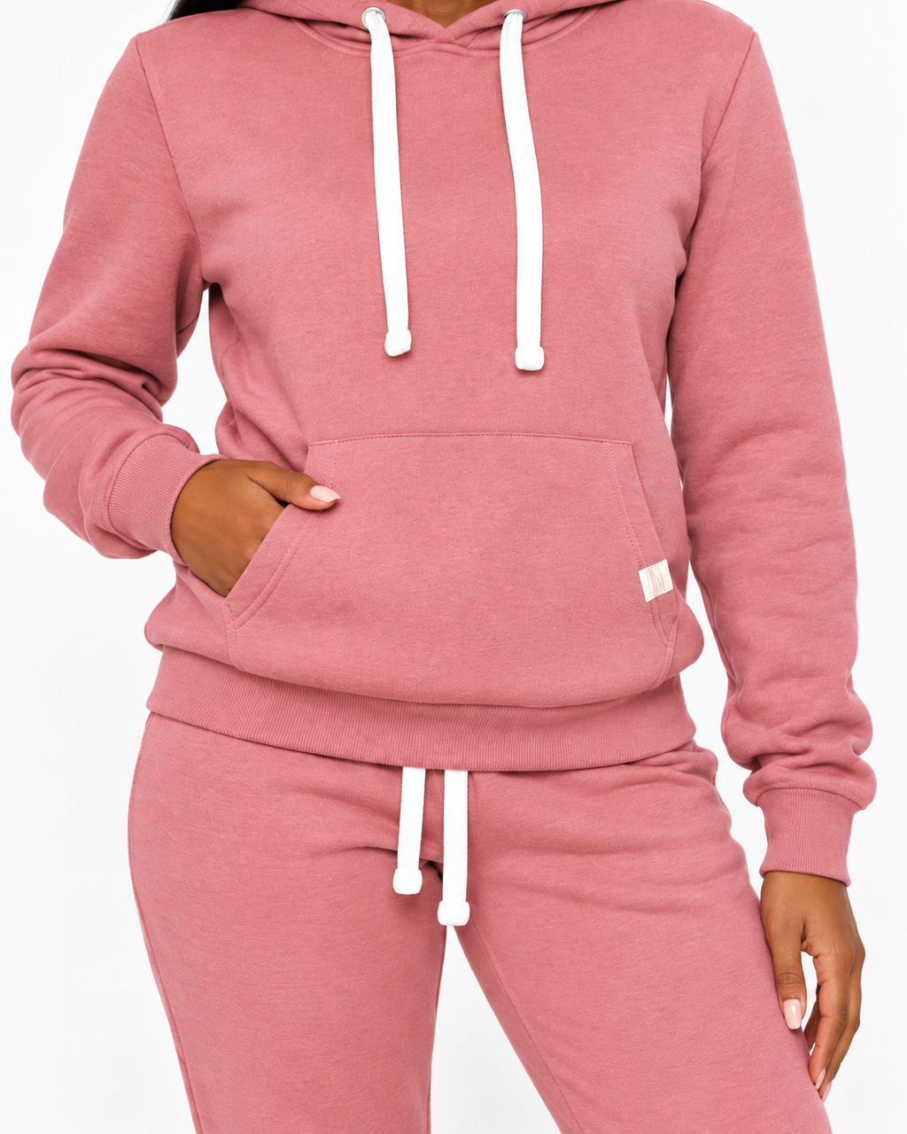 Pink pullover pocket, cuffs and drawstring details