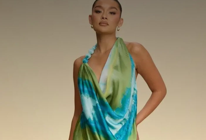 Azure Escape Draped Dress — Draped neckline and beads