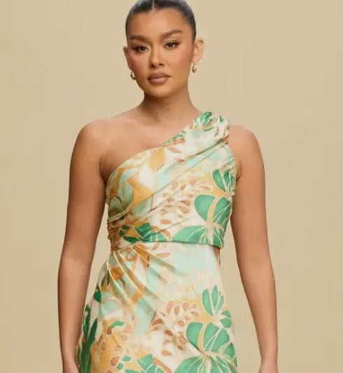 Bali Breeze Dress — One-shoulder neckline close-up