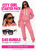 City Girl Starter Pack: pink pullover jogger set and black sunglasses for $45