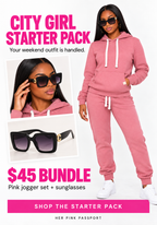 City Girl Starter Pack: pink pullover jogger set and black sunglasses for $45