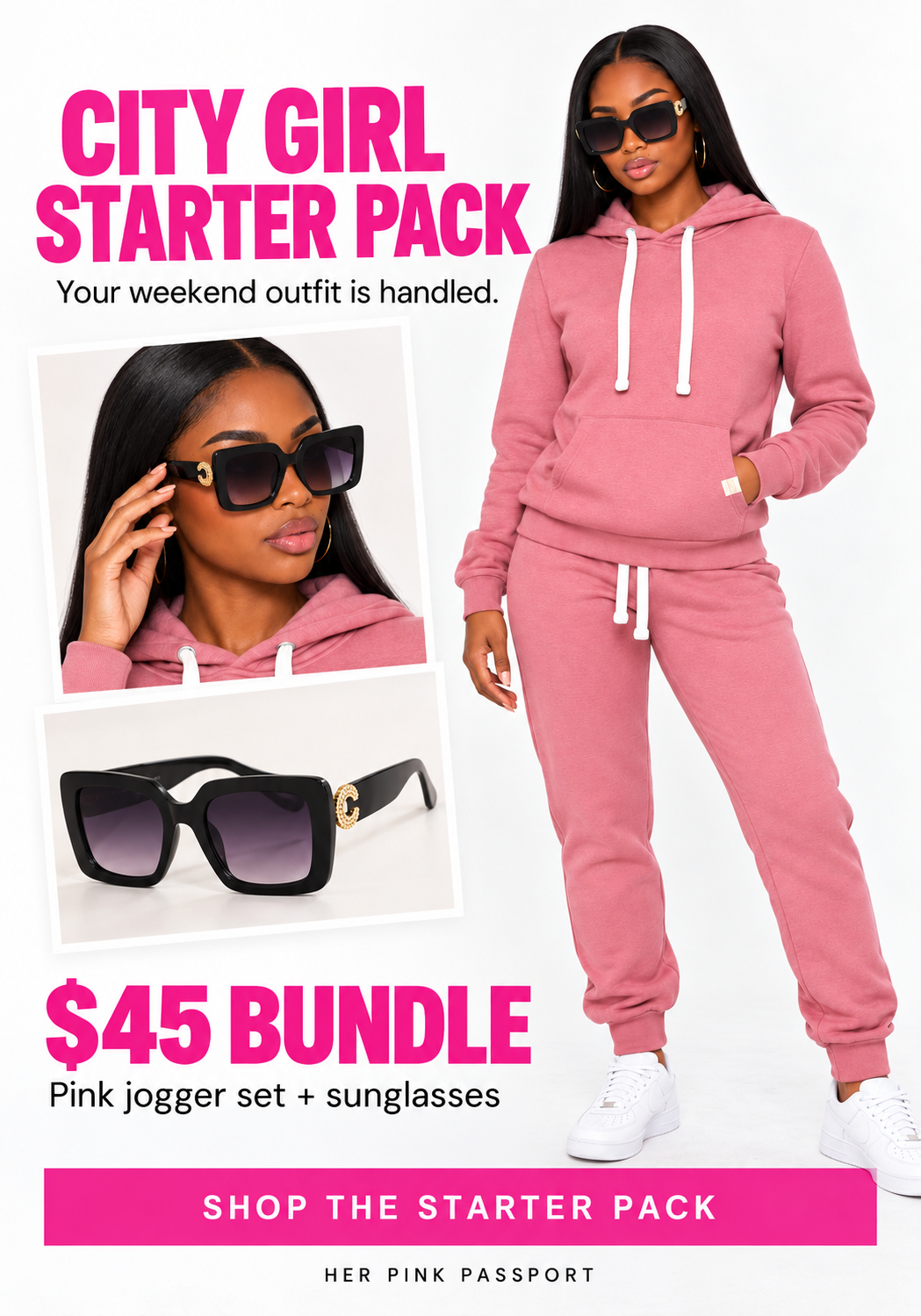 City Girl Starter Pack: pink pullover jogger set and black sunglasses for $45