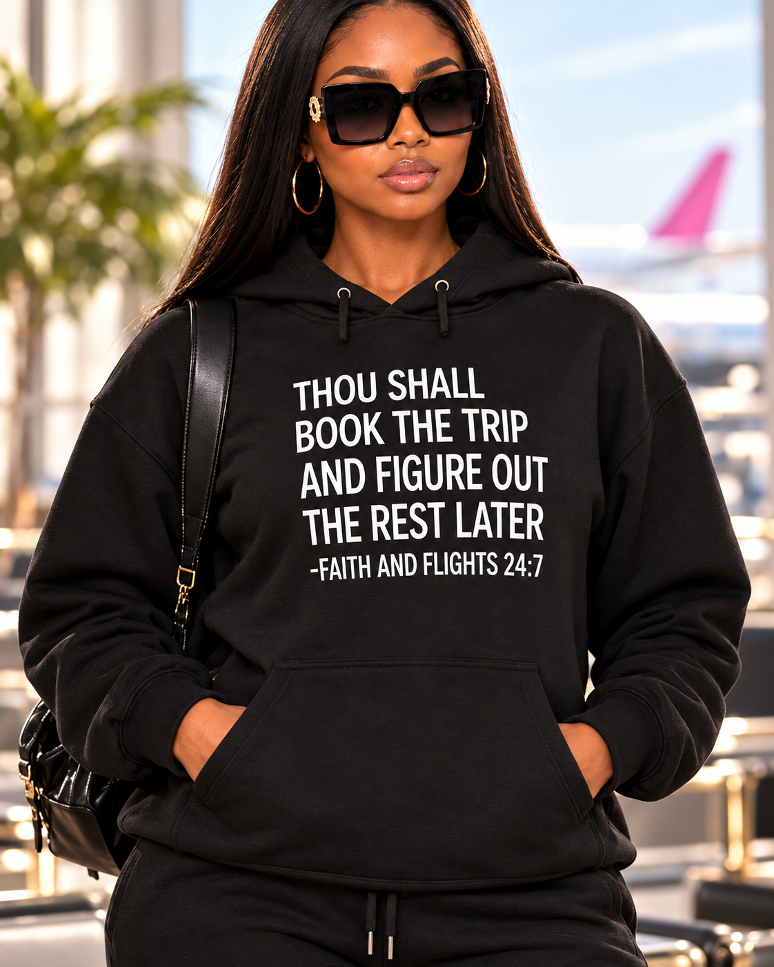 faith flights black hoodie detail portrait