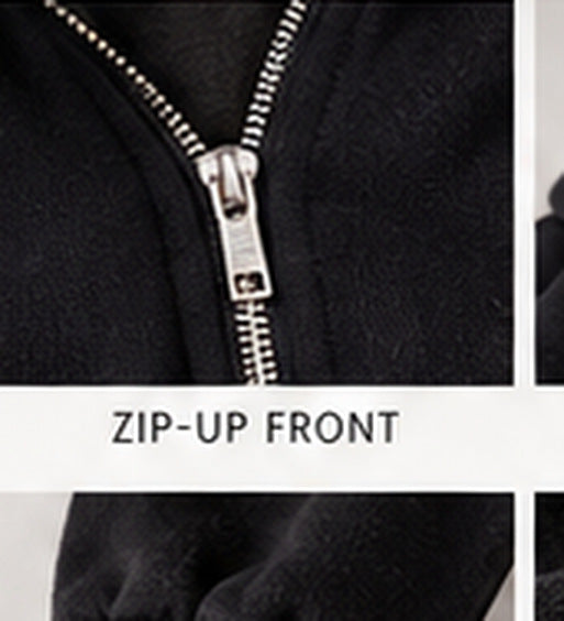 Off-Duty Curve Black Crop Hoodie — hoodie zip detail (AI-styled image)