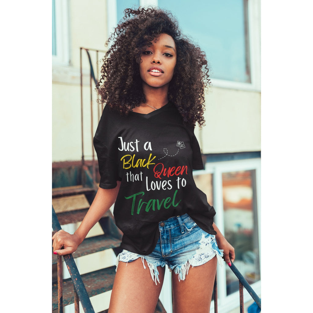 Just a Black Queen that Loves to Travel V - Neck T - Shirt - Her Pink PassportXS