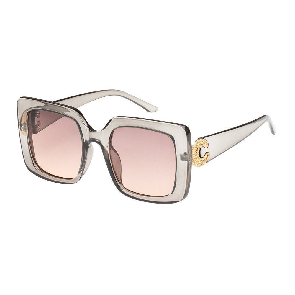 Clear sunglasses — close-up of frame, lenses and jeweled temple
