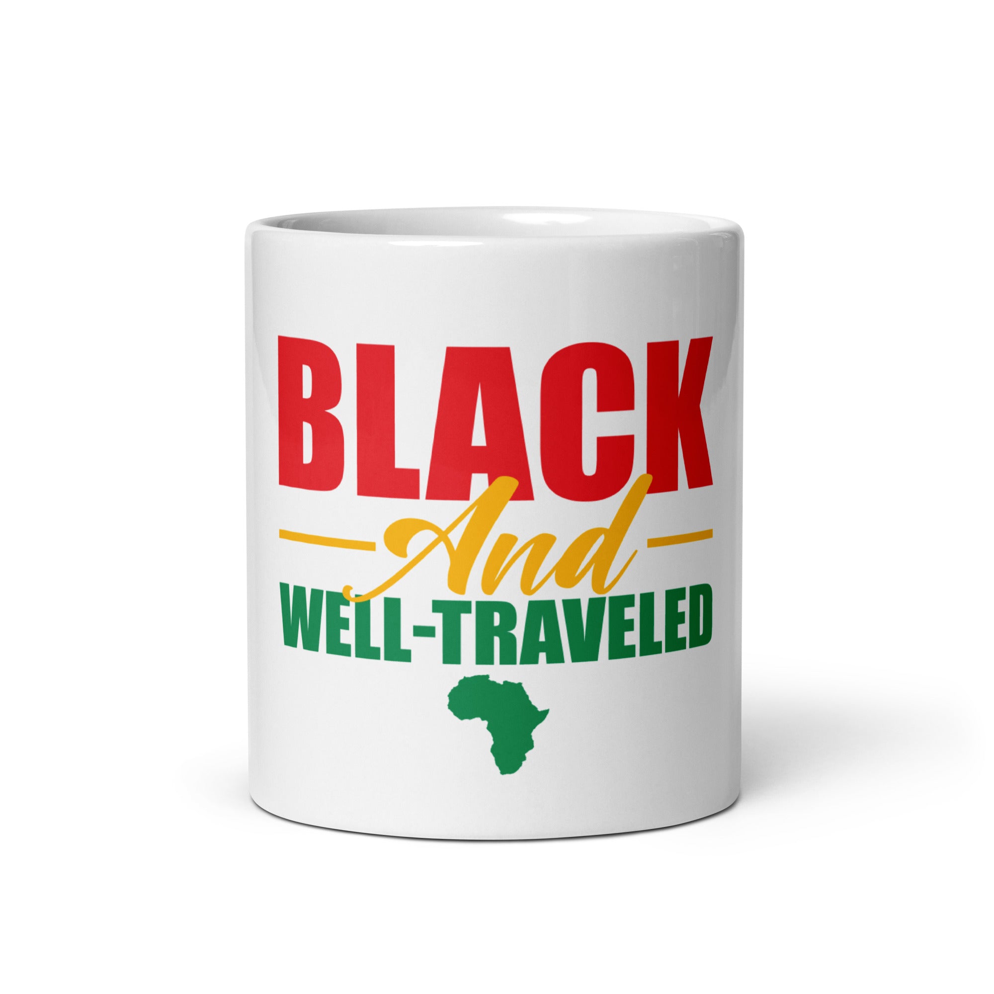 Black and Well-Traveled White Glossy Mug